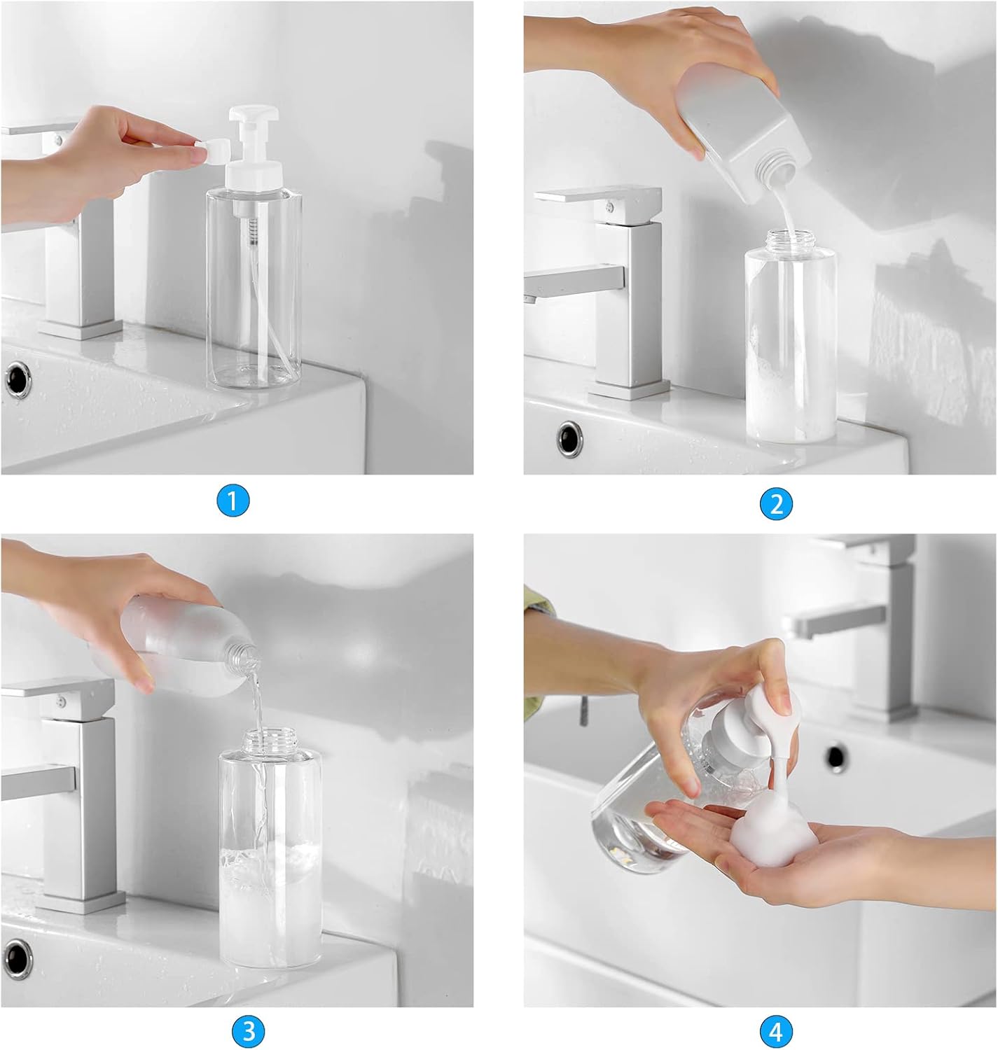 UUJOLY Foaming Soap Dispenser, 17 OZ Refillable Plastic Soap Pump Bottle for Liquid Soap, Shampoo, Body Wash, 2 Pcs, Clear - Image 6