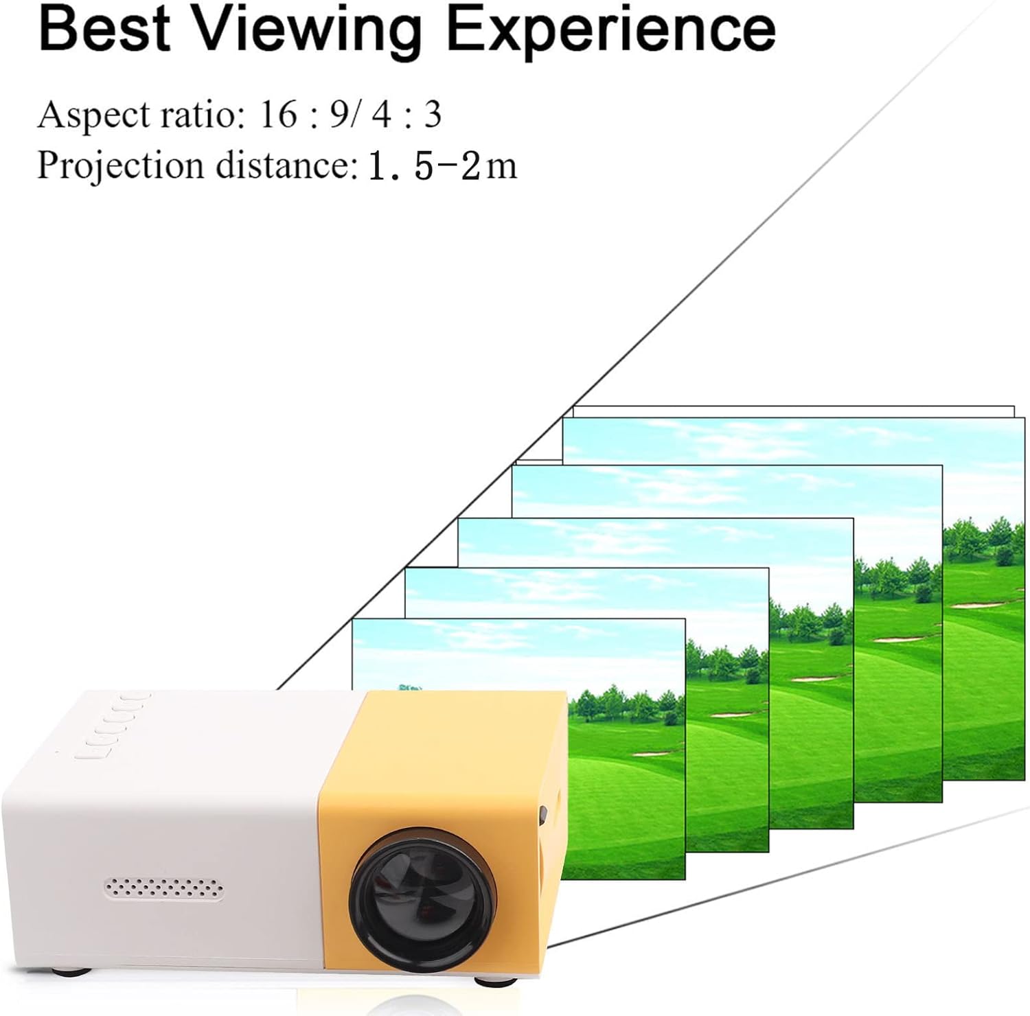 Diagram illustrating optimal projection distance and aspect ratio for the Zerone Mini Portable LED Projector.