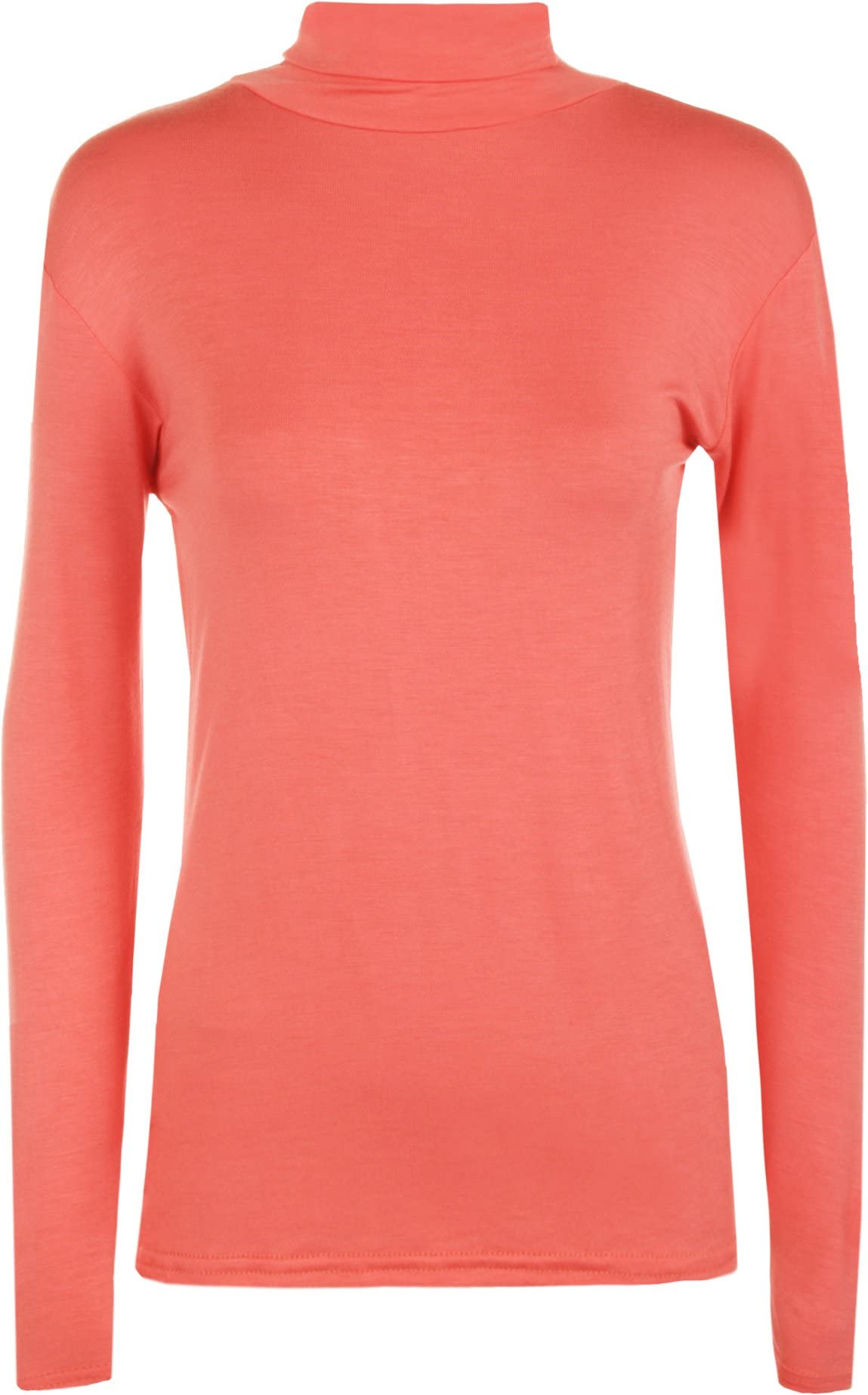 WearAll New Ladies Turtle Neck Long Sleeved Stretch Plain Polo Top - Coral 16-18