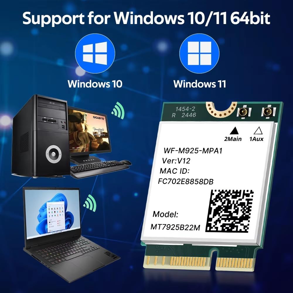 MT7925 Carte réseau WiFi 7 5400 Mbps pour Bluetooth 5.3 Tri bande 2,4 G 5 GHz 6 GHz M.2 NGFF Adaptateur sans fil pour Win 10 Win 11