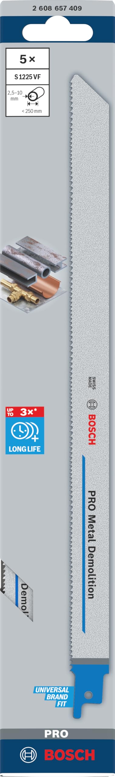 Bosch 5x Lame de scie sabre PRO Metal S1225VF Demolition (pour Profilés et tuyaux en métal, Métaux non ferreux, Longueur 300 mm, Professional Accessoire Scie sabre)