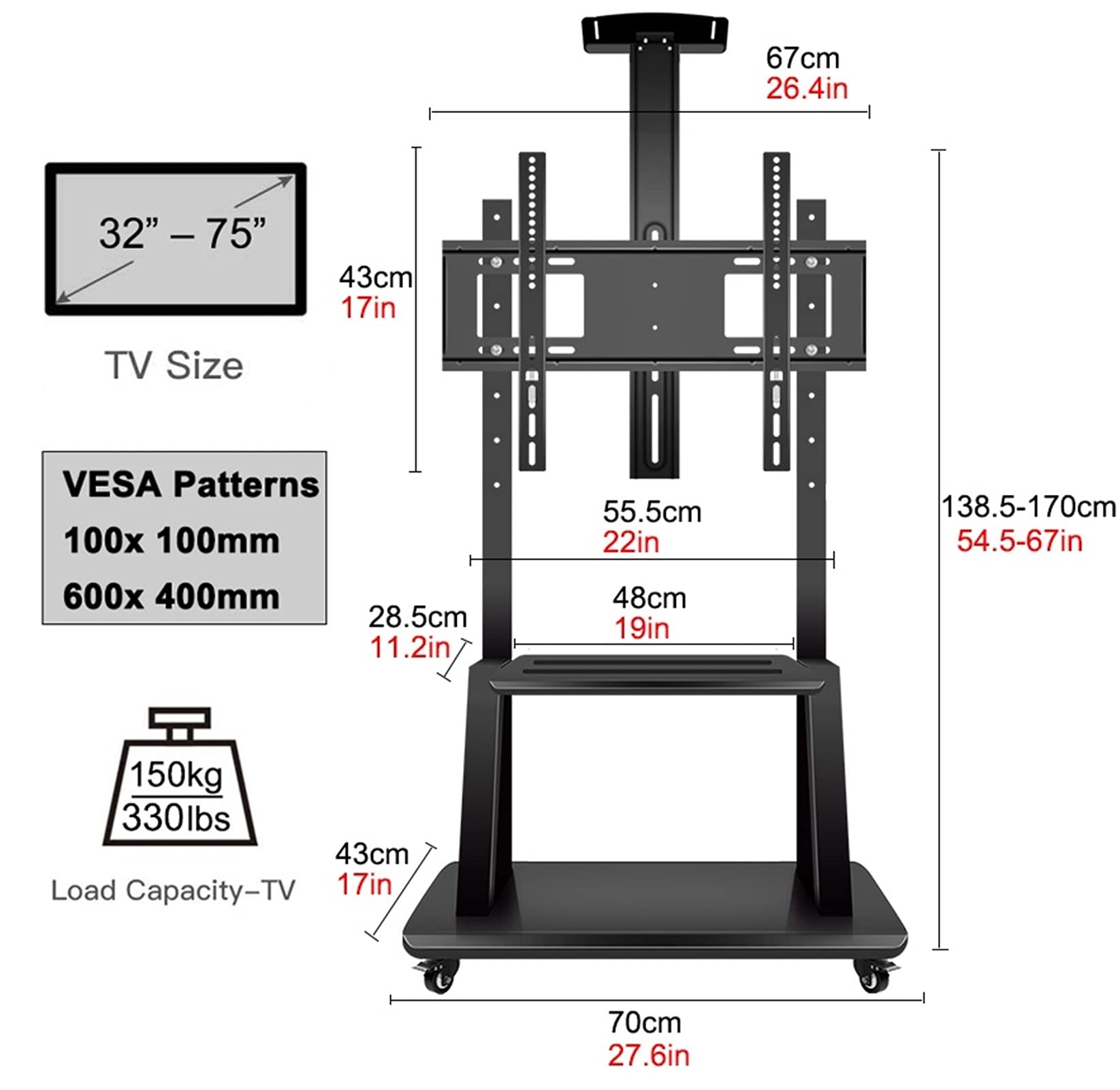 Soporte de TV Negro Alto para TV de 75 65 55 50 40 32 Pulgadas, Carro de TV rodante de Piso Universal Resistente con 3 estantes de Almacenamiento y Ruedas, Carga 300 Libras Beautiful Scenery