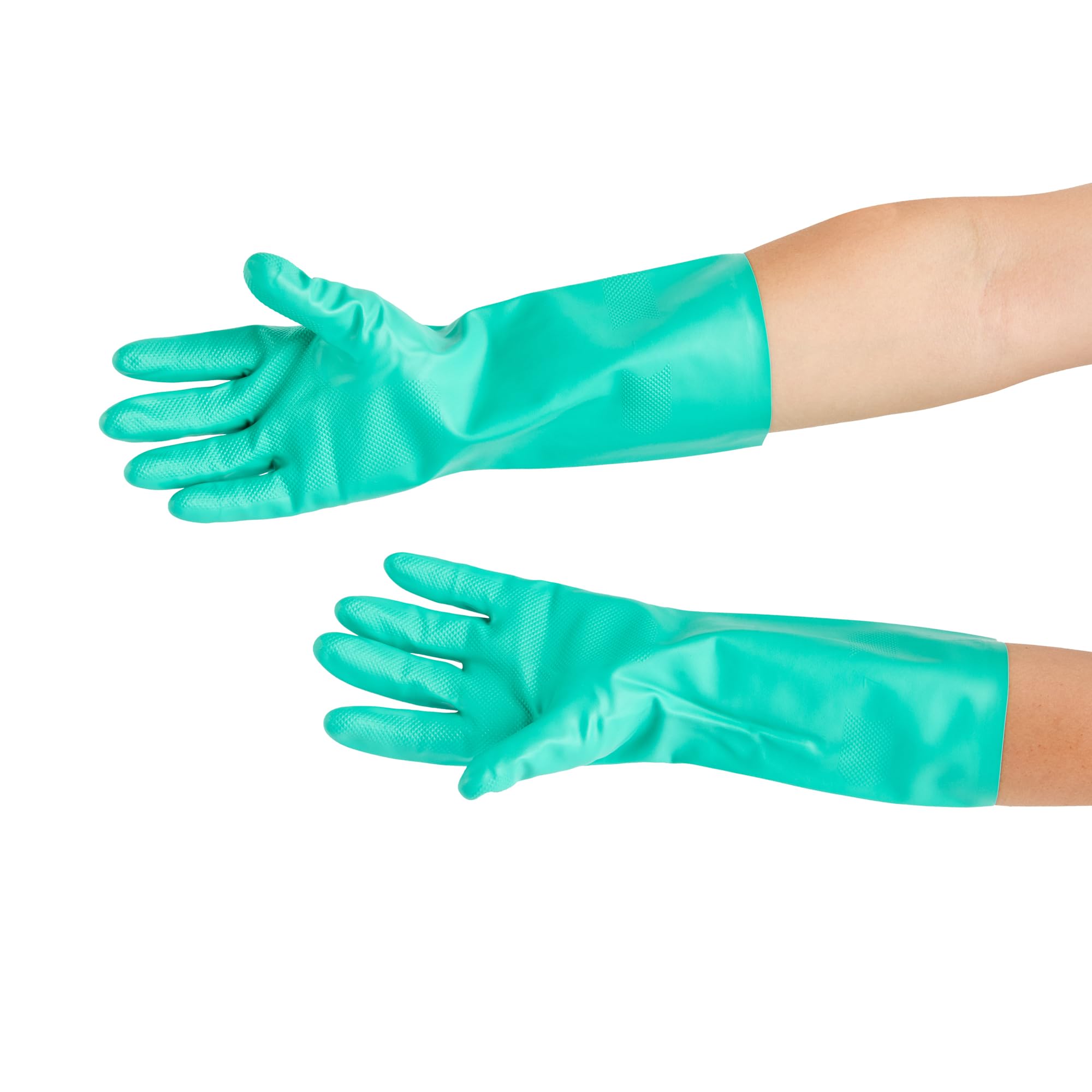 Restaurantware - Clean Tek Professional - Guantes de limpieza grandes de 15 mil, 10 pares de guantes largos, forro flocado, sin polvo, guantes de nitrilo verde tolerantes a productos químicos, sin