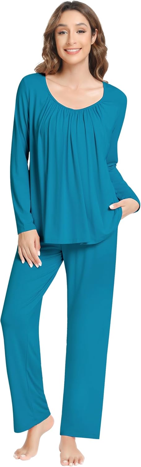 NACHILA Pajamas for Women Long Sleeve Sleepwear Comfy Pants Pajama Set Pleated Pjs with Pocket,Viscose Made from Bamboo