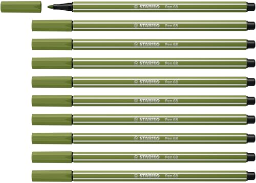 STABILO Pen 68 - Feutre dessin - Lot x 10 feutres de coloriage pointe moyenne - Vert mousse