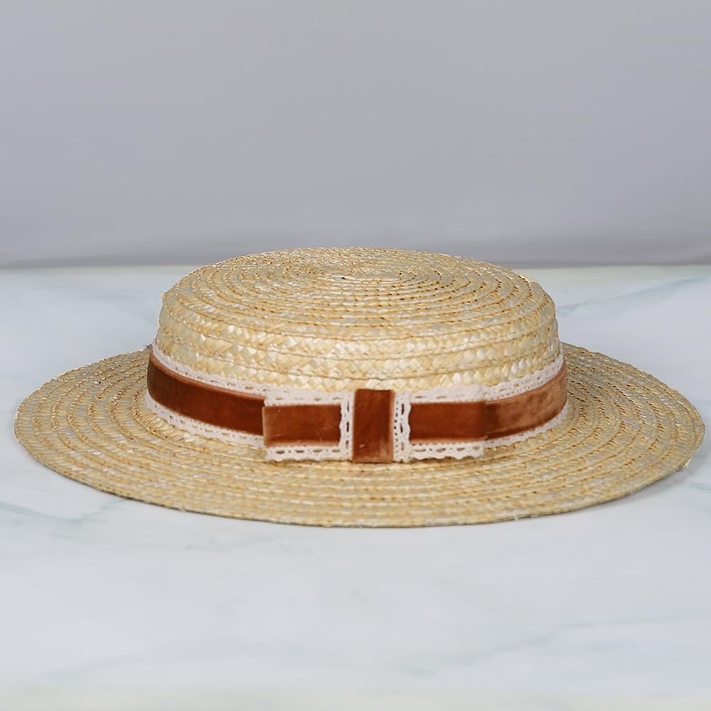 Boater Flat Top Straw Hat with Brown Velvet and Crochet Ribbon Bow Fascinator Hats for Women Cocktail Tea Party Derby Hat