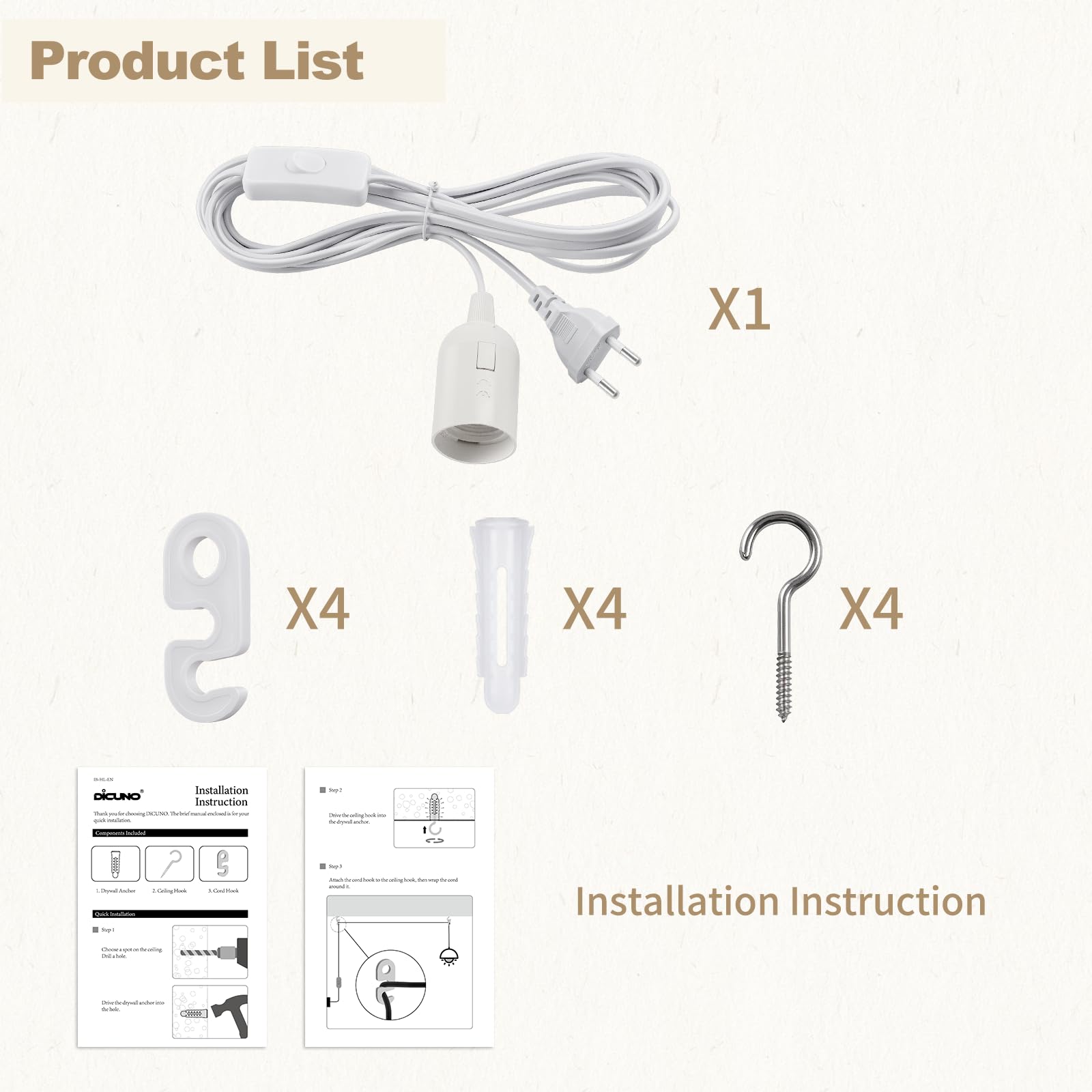 DiCUNO Portalámparas E27 de 4M, Con cable, interruptor y enchufe, Bases para lámparas E27 en Blanco, para Lámpara de pie, Colgante, de cabecera, 0-60W, 0-250V, 4A, 1 Pieza