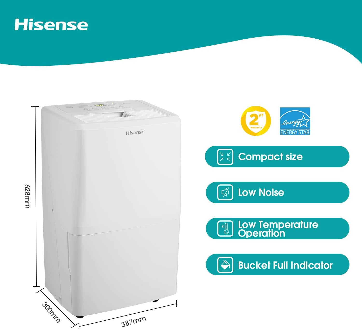 Hisense 50 Pint Dehumidifier with dimensions