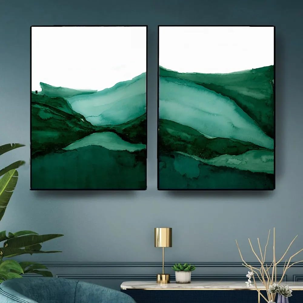 WBYZAC 2 Pieces-Teal Green Abstract Print Canvas Painting Watercolor Picture Modern Minimalist Posters For Living Room Kitchen Office Home Decoration-50 * 70cm (No Frame)