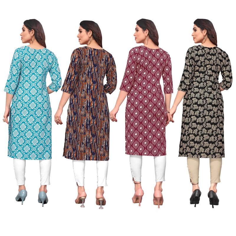 Image of JAKHANA Women's Crepe Printed Casual Straight Calf Length Round Nick Kurta Pack of 4