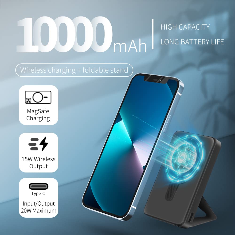 Sitong Magnetic Wireless Power Bank with Foldable Stand Compatible with MagSafe, 10000mAh Battery Pack for iPhone 14/13 / 12 Series, Portable Charger with USB-C Cable (Black)