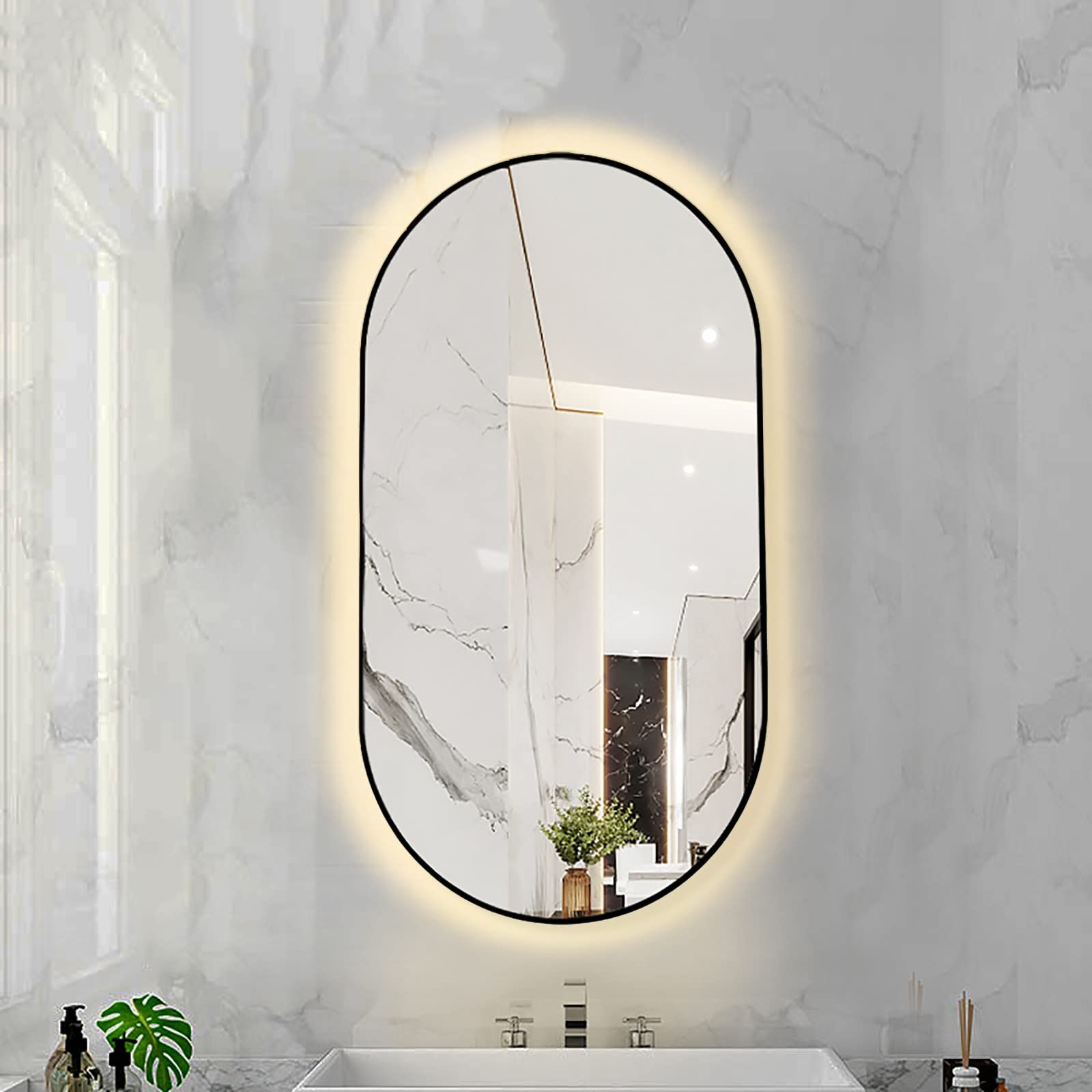FGXHHS LED Oval with Metal Frame, Backlit Illuminated Lighted Wall Hanging Vanity for Bedroom Entryway (Color : Black Frame - Warm Light, Size 40X80CM)