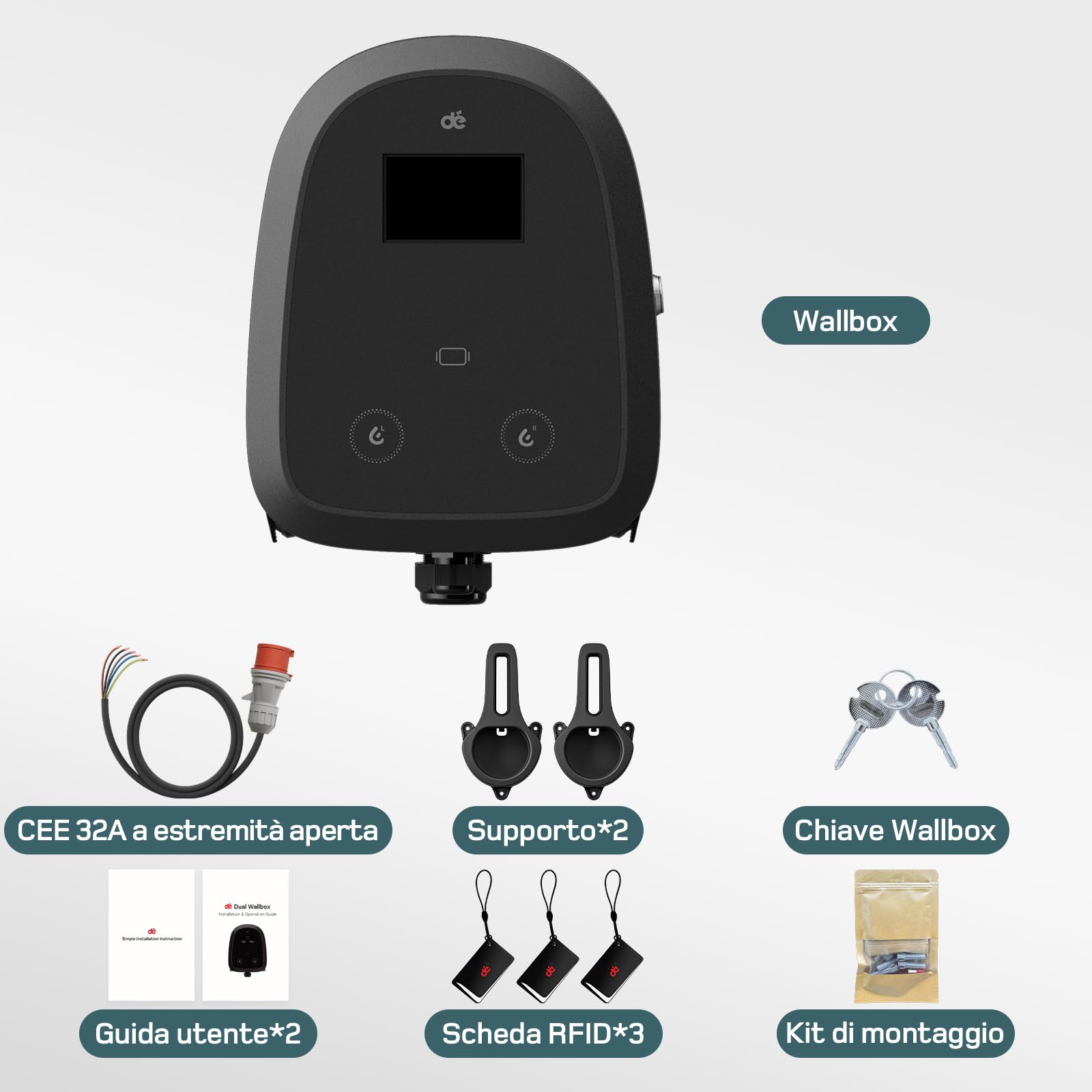 dé Wallbox Doppia 2×22kW [6-32A, Trifase] Colonnina Ricarica Auto Elettrica con Presa Tipo 2, Wallbox 22kw Tipo 2 Controllo App & RFID, Wallbox Trifase per la Ricarica Doppia per BEV/PHEV