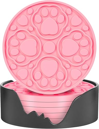 Juego de 6 posavasos de silicona rosa con soporte, posavasos de 4 pulgadas para bar, bebidas, cerveza, café, tapete decorativo antideslizante para