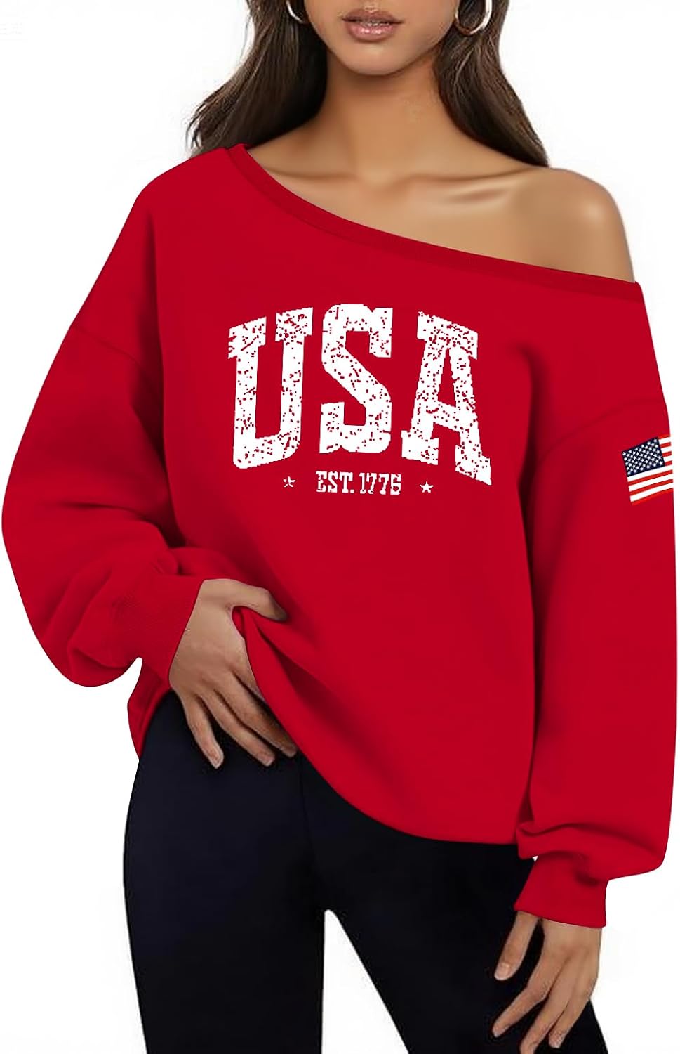 Dressmine Womens American Flag Sweatshirts Long Sleeve Off Shoulder Shirts Trendy Casual USA Hoodies 4th Of July Pullover