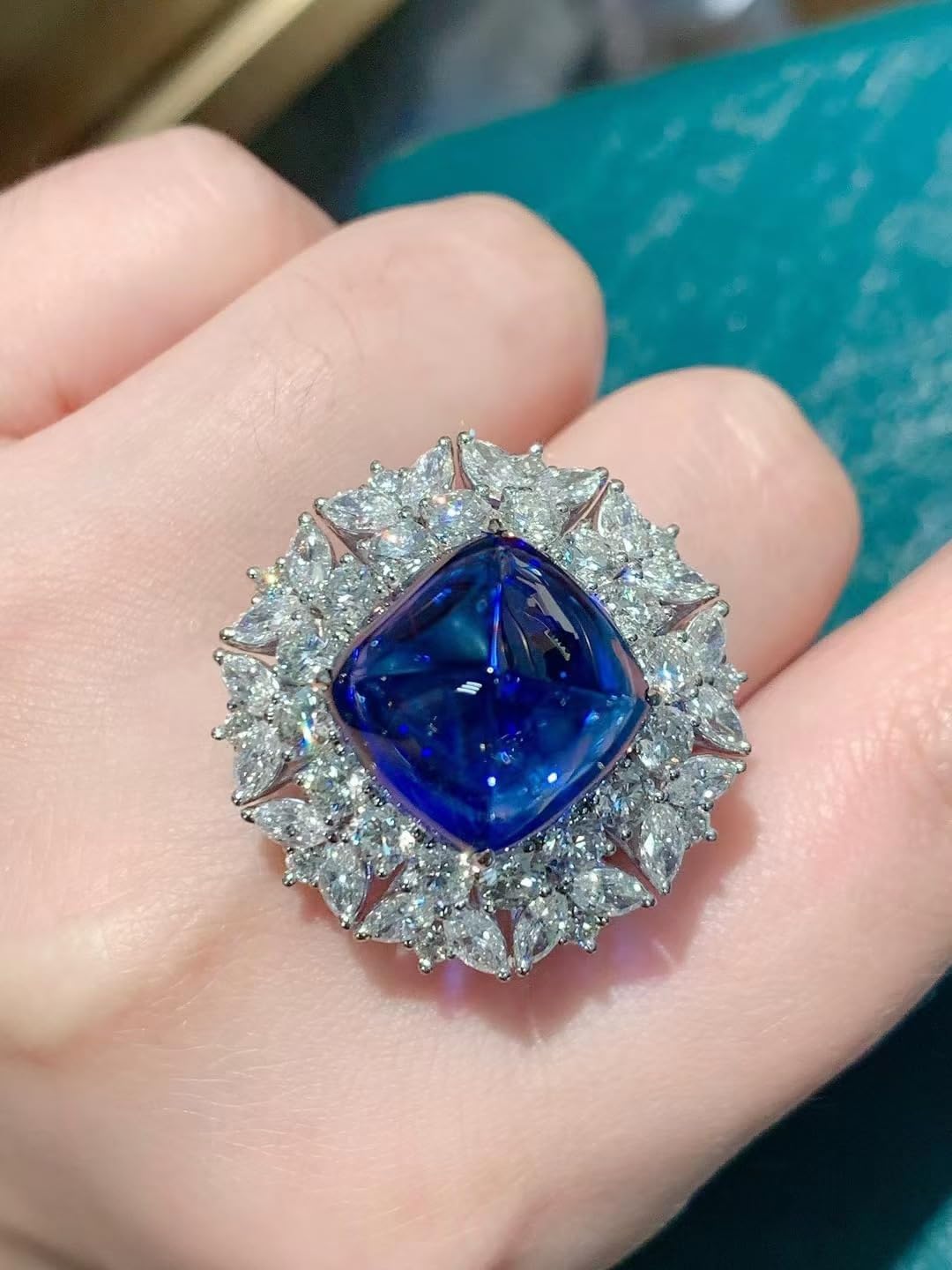 Luxury Statement Ring with Blue CZ Center Stone, CZ Stones Halo, Silver-Tone - Image 9