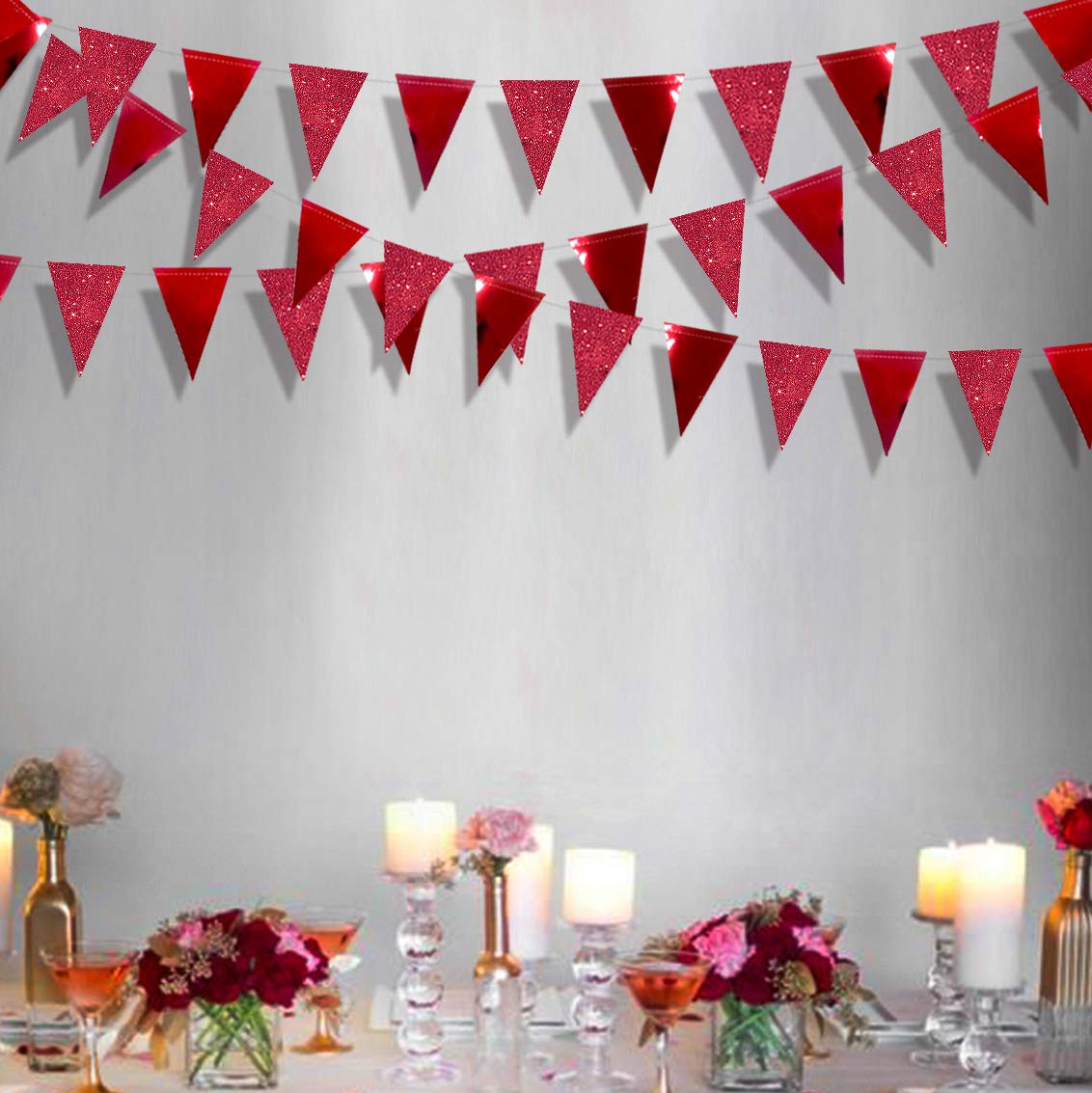 Festiko®12 Flags Red Party Decorations Glitter Metallic Paper Triangle Banner Flag Pennant Bunting for Wedding Engagement Graduation Anniversary Bachelorette Birthday Bridal Shower Party Supplies 2