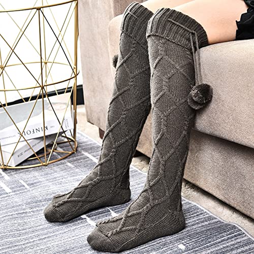 Socks,Women Cute Pompom Sexy Cable Knitted Thigh High Stockings Winter Warm Over Knee Long Boot Socks Leg Warmer3