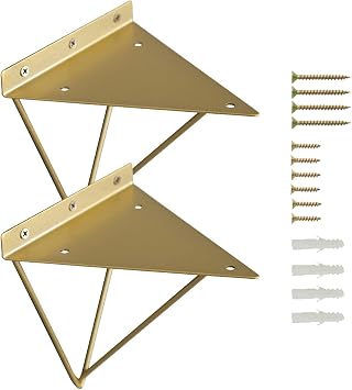 Pxzybd Shelf Brackets Gold, Geometric Prismatic Metal Shelf Supporter, Hairpin Shelving Brackets, Modern Iron Brackets for Shelves, for Wall Decoration/Space Saving, 2 Pcs,Gold-19.5cm7.68in
