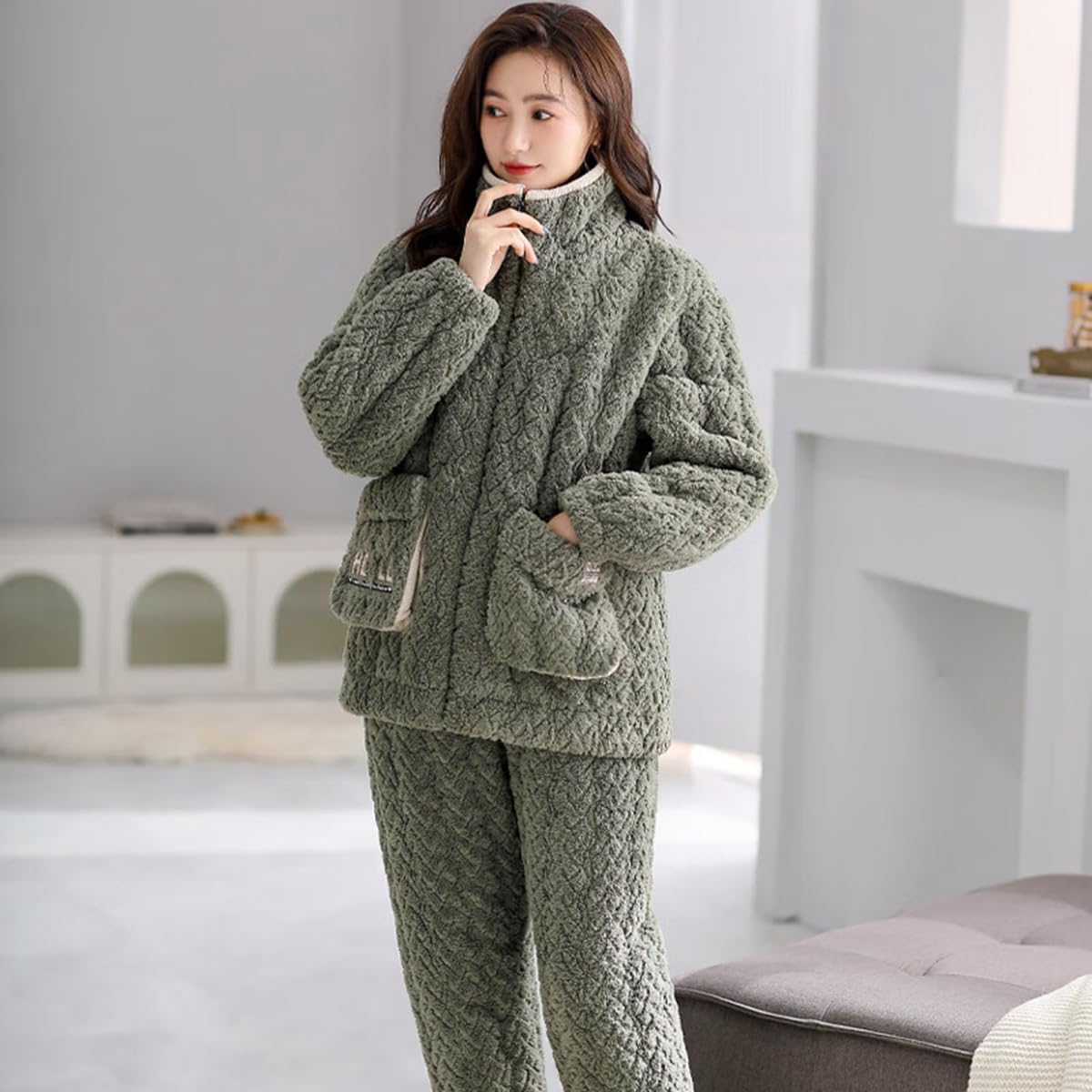 三好優品] レディース パジャマ 裏起毛 冬 前開き キルティング 長袖