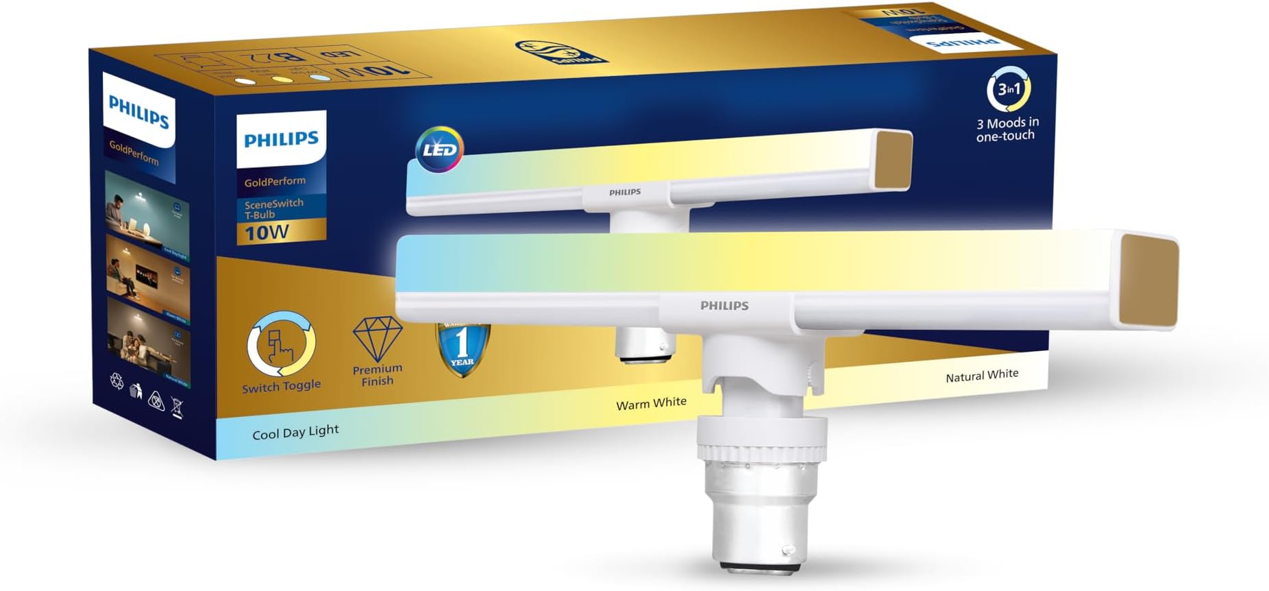 Philips 10W B22 LED T-Bulb | 3 Colors in 1 LED Bulb | Scene Switch T-Bulb for Home & Decoration | Color: Tunable White | Pack of 1 | Gold Perform Series