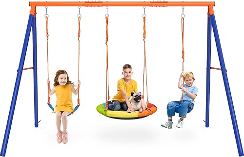 Juegos de columpios para patio trasero, juguetes al aire libre para niños, juego de columpio de metal resistente con marco en A con capacidad para