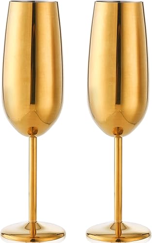 Miniatura 3 de DEAYOU Paquete de 2 copas de champán de tallo irrompible, copas de champán de acero inoxidable 18/10, copa de champán dorada de 8 onzas con tallo,