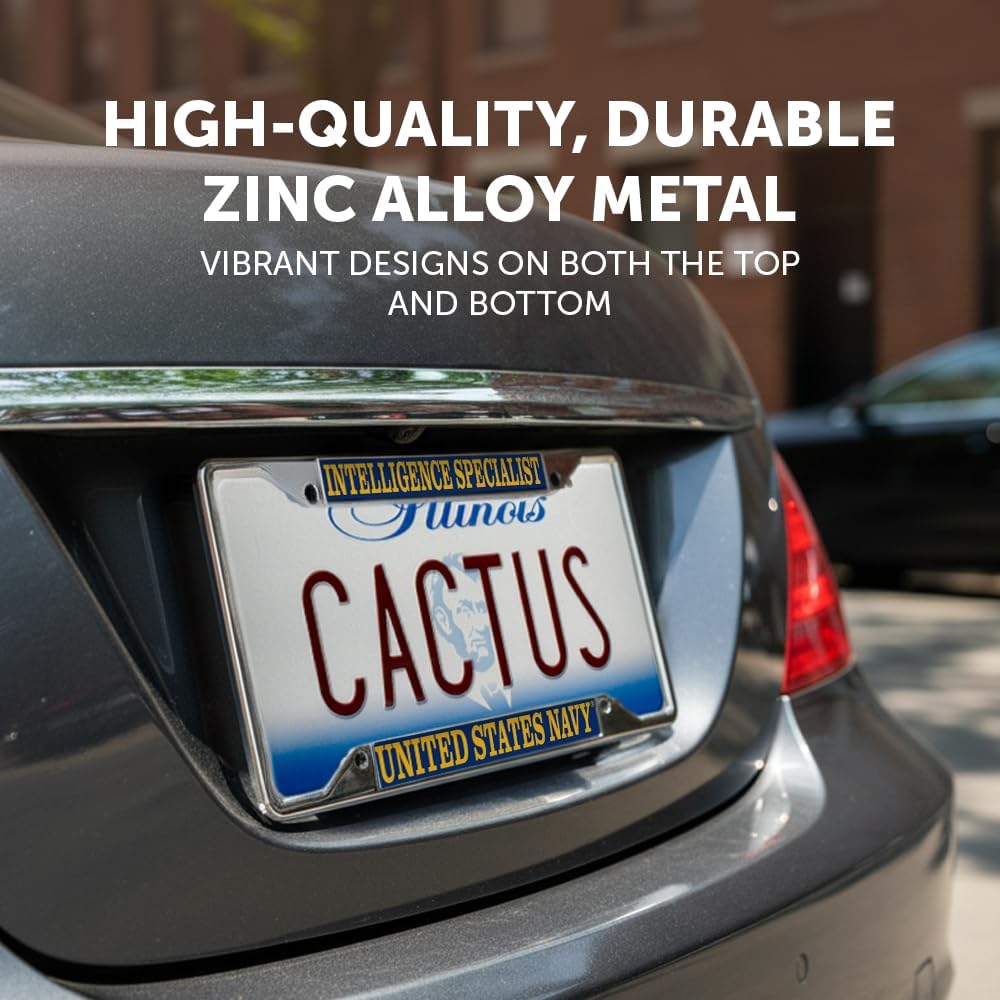 Desert Cactus US Navy Intelligence Specialist Car Accessories Enlisted Rating Insignia Metal License Plate Frame and Tag Holder for Front or Rear of Vehicle