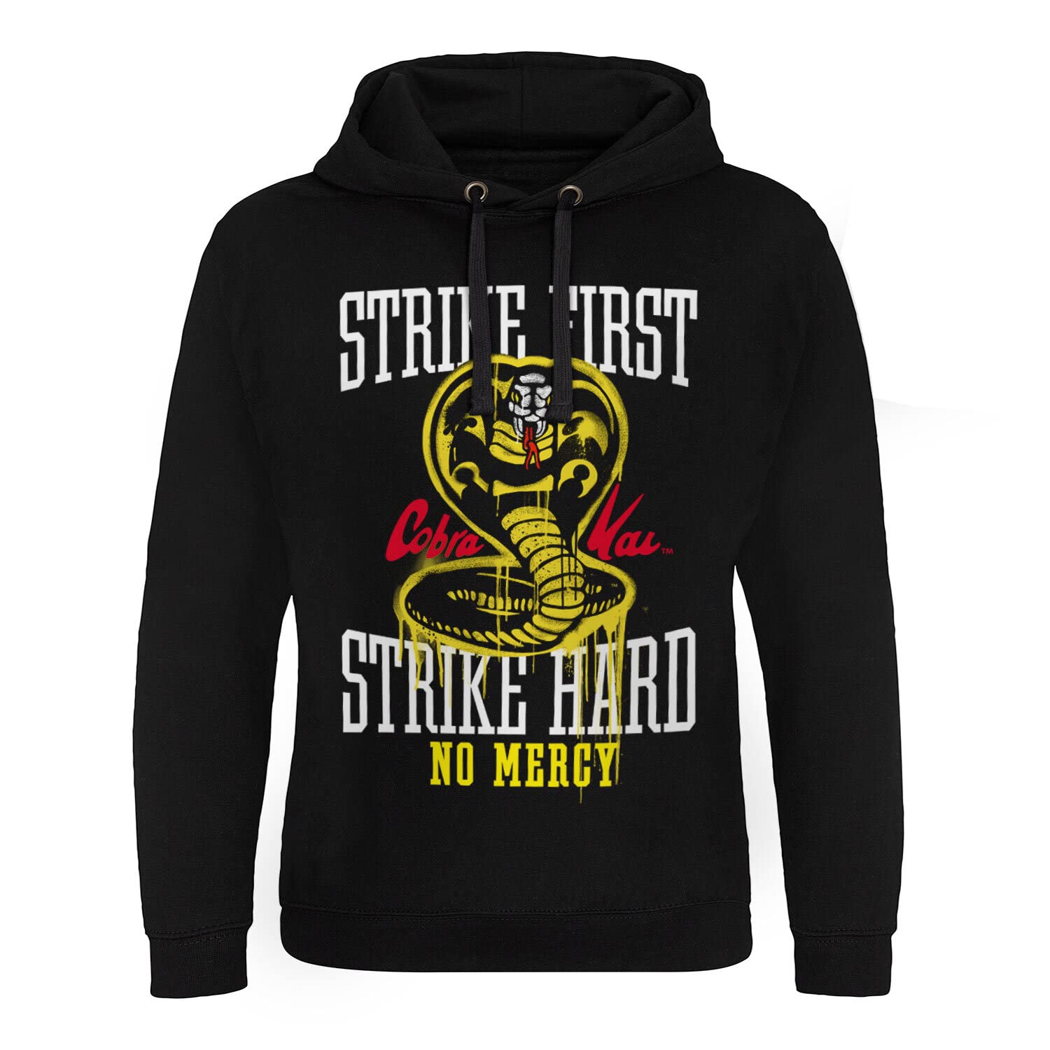 Cobra Kai Officially Licensed Strike First - Strike Hard - No Mercy Epic Hoodie (Black), Small