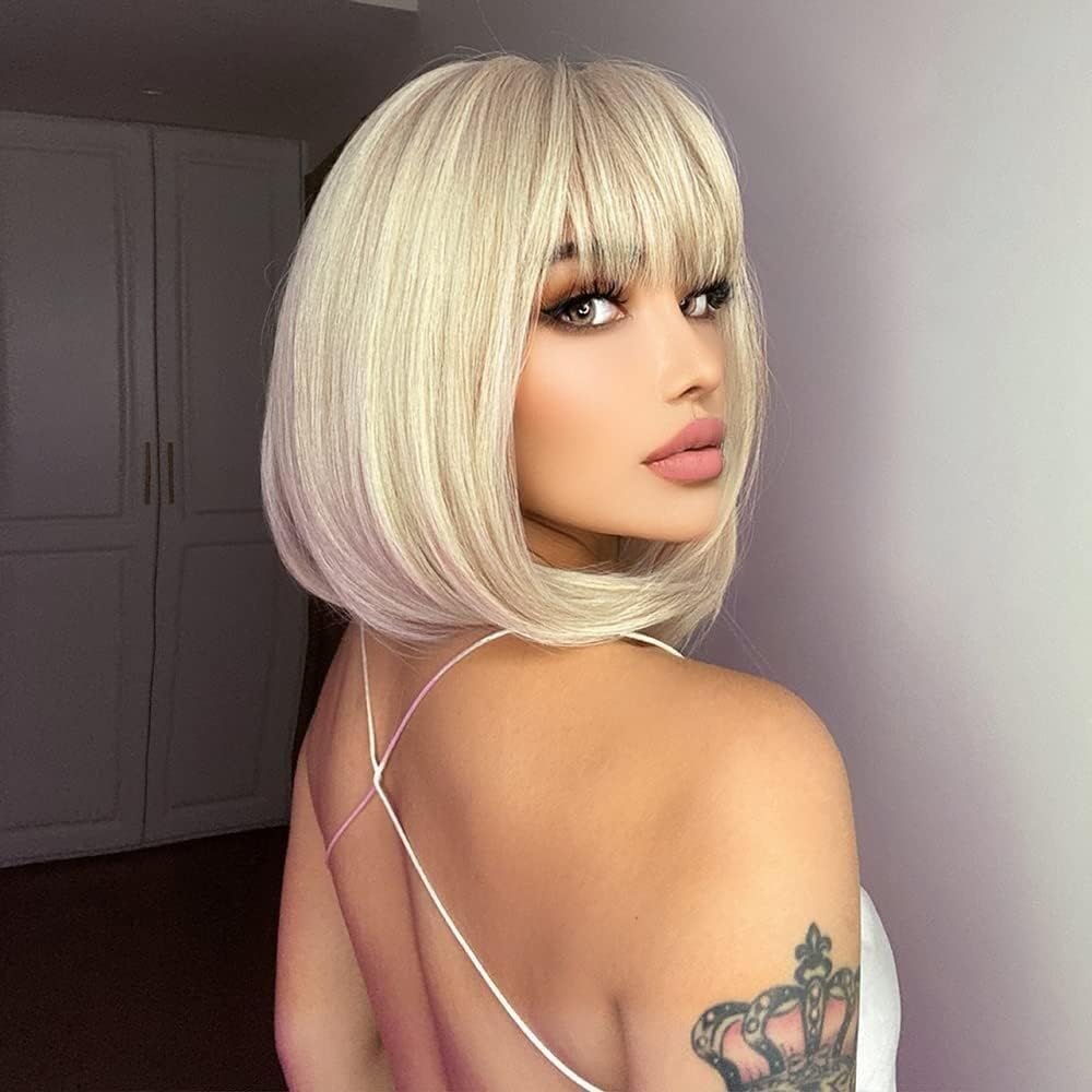 Short Bob Wigs with Bangs for Women, Platinum Blonde Synthetic Wig Heat Resistant Hair for Daily Halloween Party Cosplay