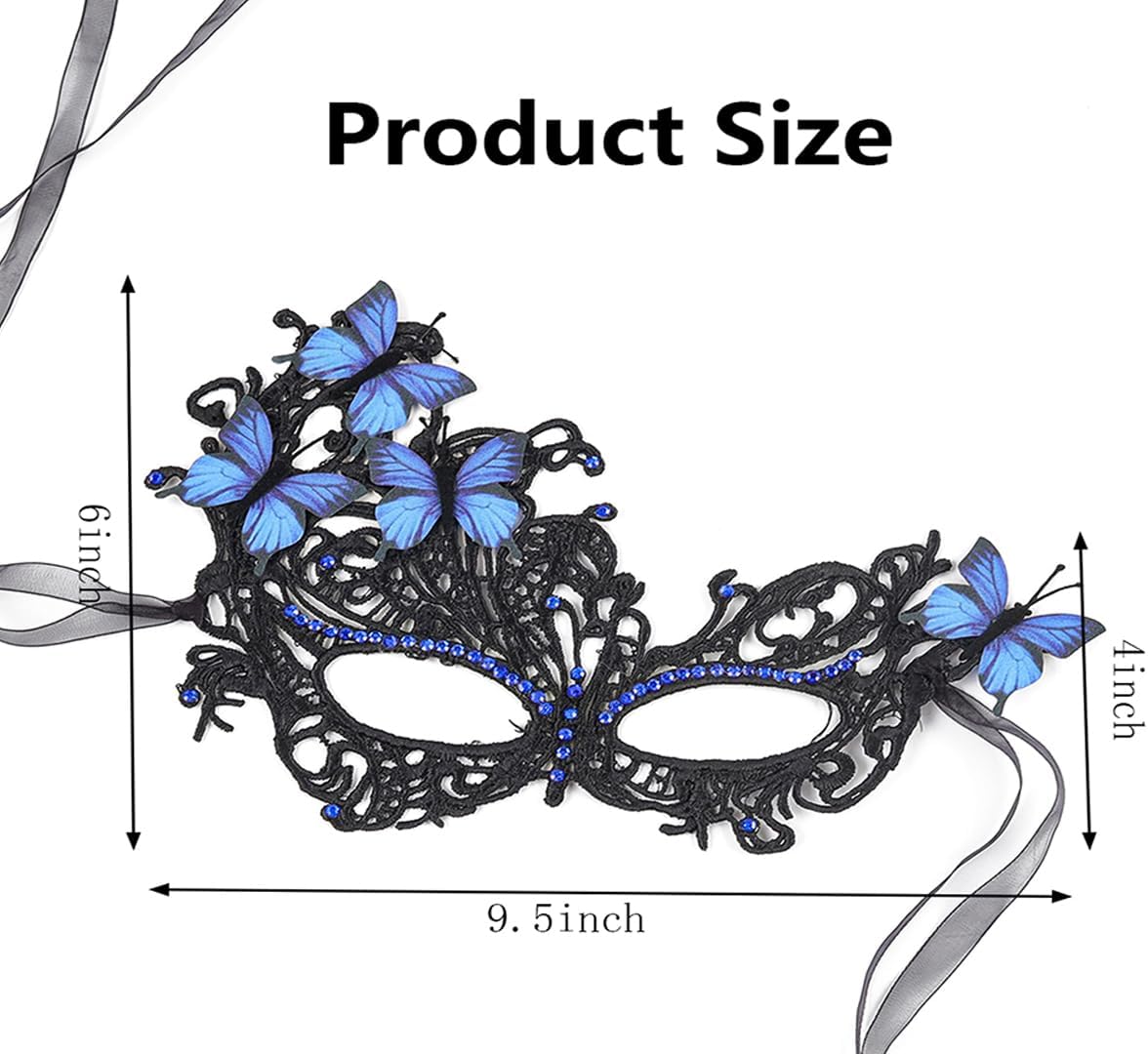 SAFERIN Halloween Lace Masquerade Mask & Gloves Set for Women Venetian Butterfly Eyemask with Rhinestones - Image 4