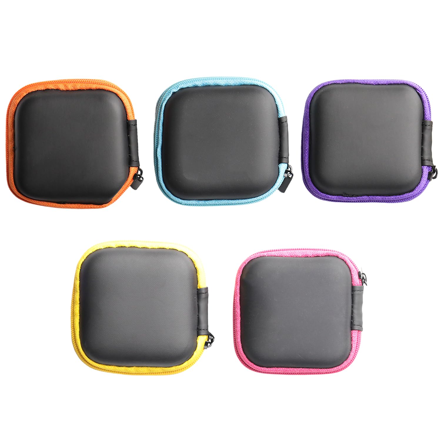 Mini Storage Case Set, 5 Pack Portable Earphone Carrying Pouch, Black with Colorful Zippers, Protective Hard Shell Cases for Headphones and Small Electronics