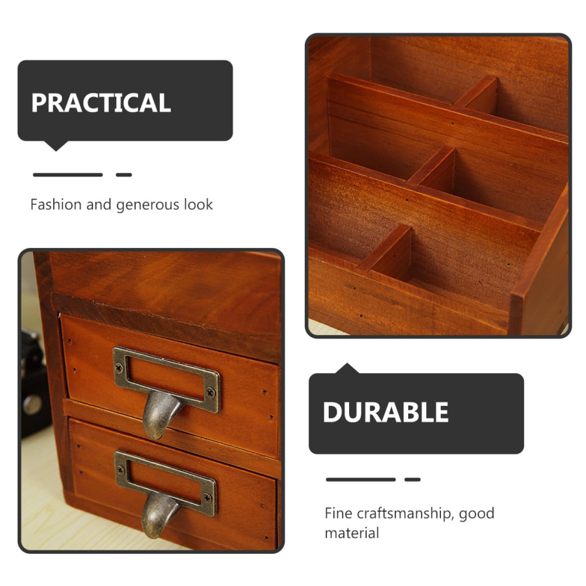 Porta Oggetti da Scrivania in Legno 6 Scomparti e 2 Cassetti, Organizer Multifunzionale per Piccoli Oggetti, Elegante e Decorativo per Casa e