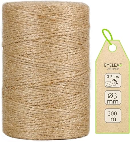 Cinta de Yute de 2-3 mm de Grosor, Hilo para encuadernar, Hilo para jardinería, Rollo de cordón para Manualidades con 200 m, Hilo 100% Yute Color Natural (3MM-200M)