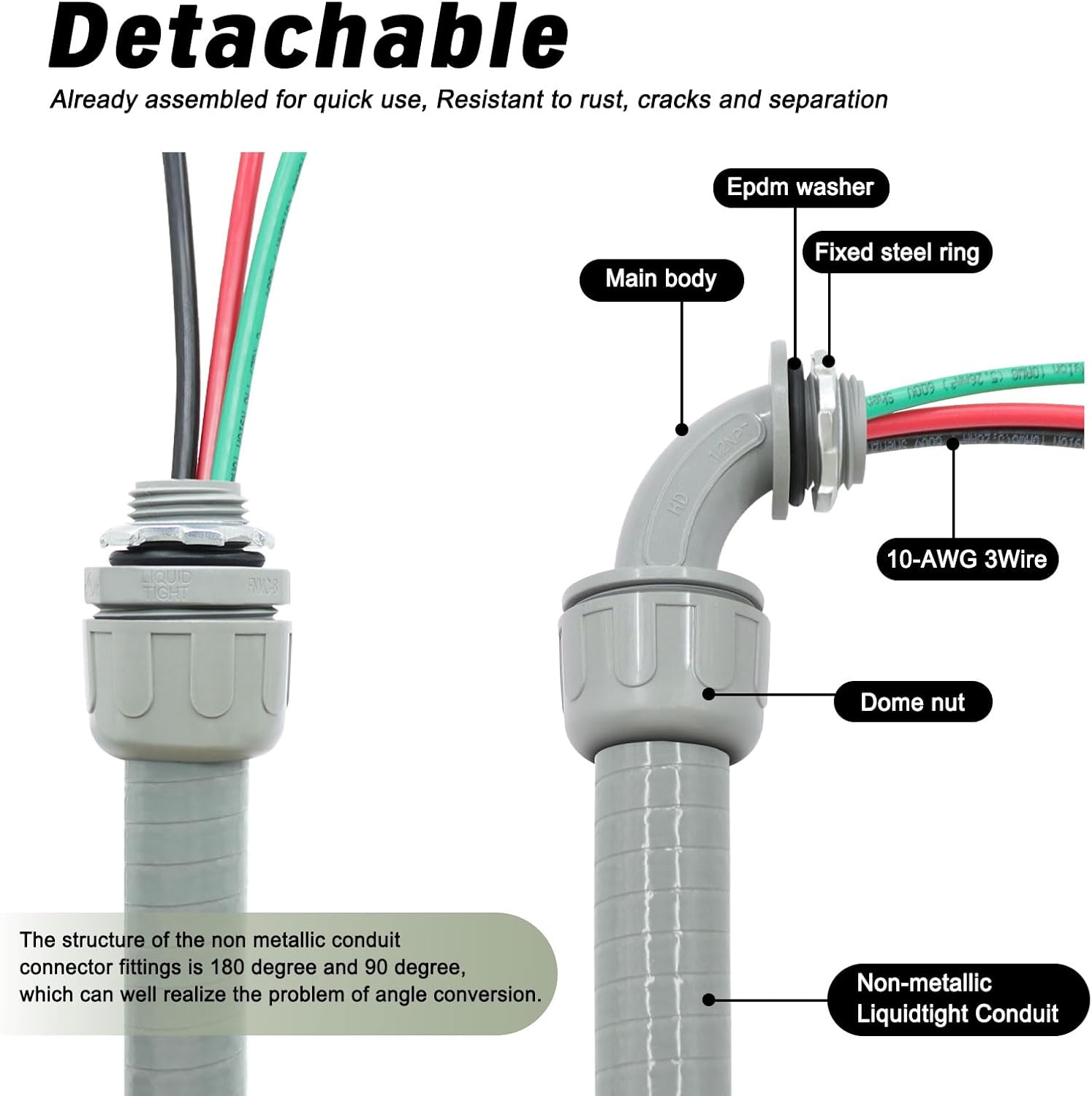 1/2" x 10Ft Power Whip Assembly Kit, Non-Metallic Liquid Tight Flexible Electrical Conduit with 10 Gauge Wire Electrical AC Whip Kit