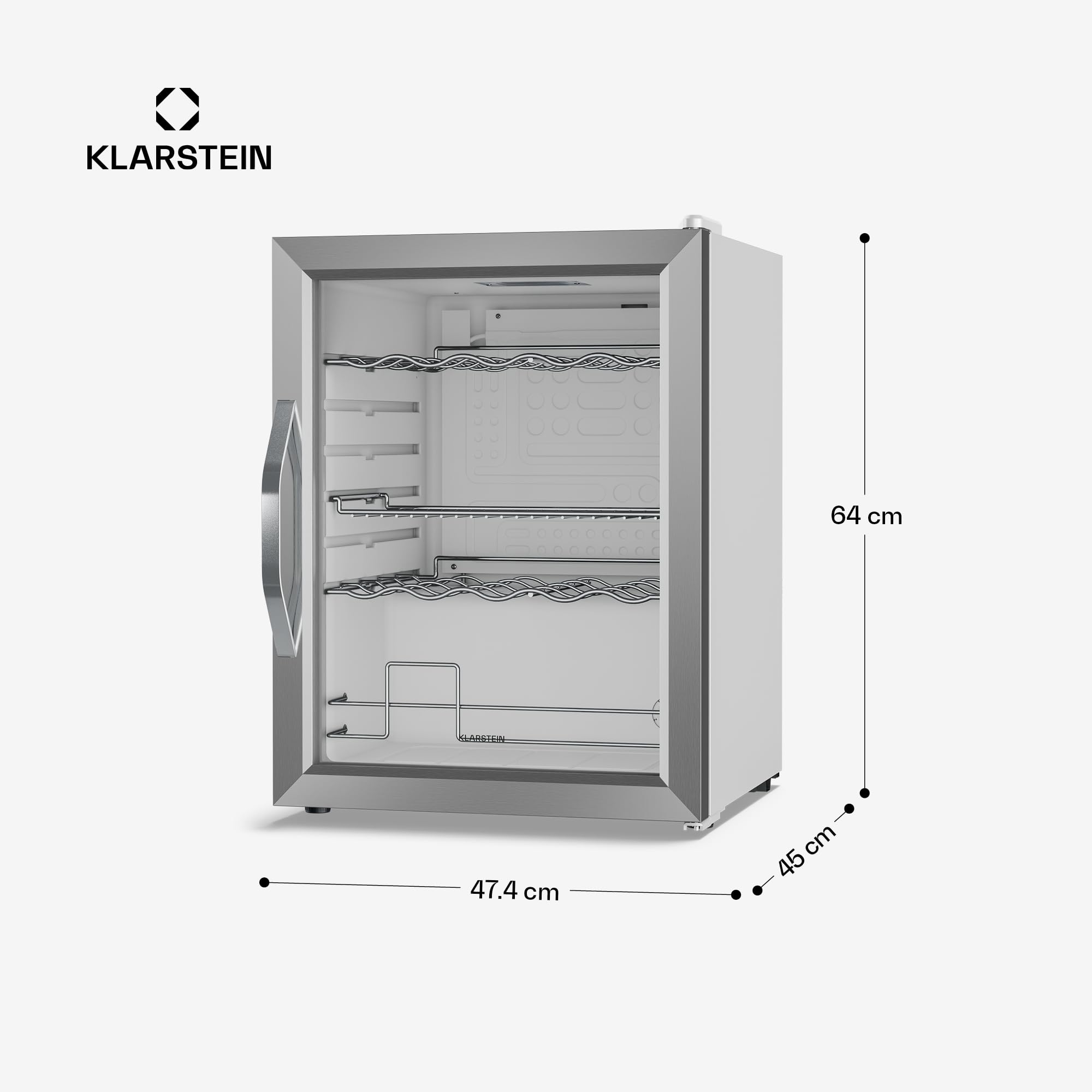 Klarstein Beersafe 60 L Mini Lodówka ze Szklanymi Drzwiami – Lodówka na Napoje, Biały | oświetlenie LED, wyjmowane metalowe półki, cicha, lodówka na piwo i napoje, puszki i butelki
