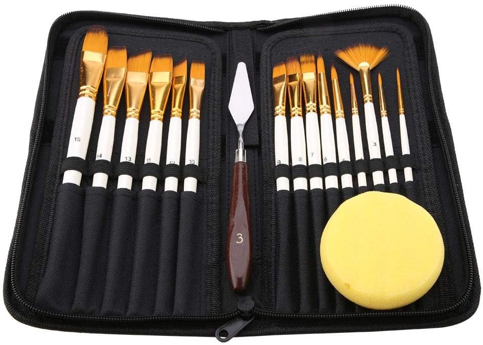 17Pcs Artist Paint Brush Set with Carrying Black Case Paint Knife Sponge for Watercolor Brush Oil Acrylic Drawing Painting