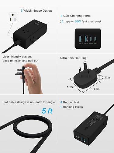 Miniatura 7 de BSEED Regleta de alimentación con USB, extensión de 3 tomas de corriente, 3 puertos USB, protector de sobretensión, estación de carga de escritorio