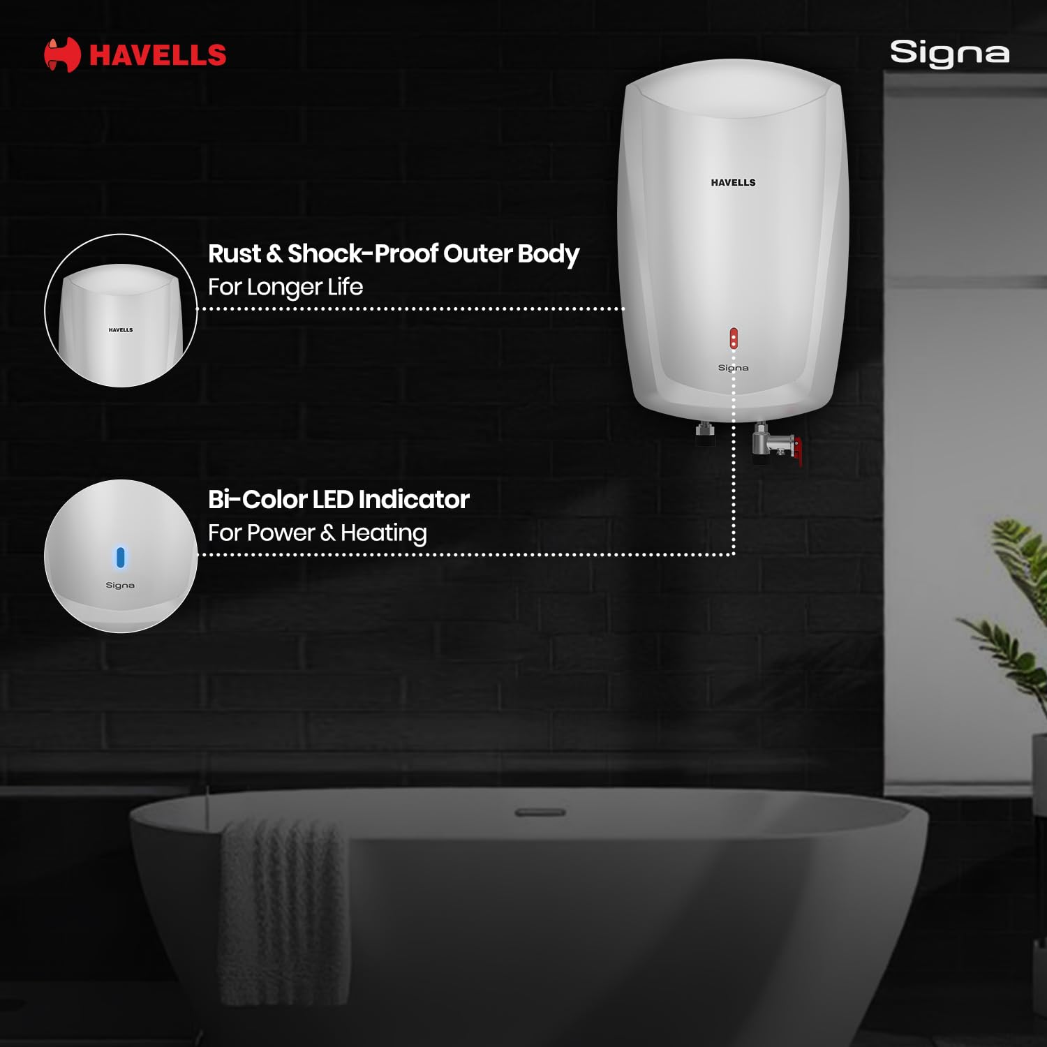 Havells Signa 5L Instant Water Heater(Geyser) with Anti Rust Aqua Shield| Twin LED Indicator| Shock Proof Body| ISI Marked| Fire Retardant Power Cord| Warranty- 5Yr on inner tank & 2Yr comprehensive 3