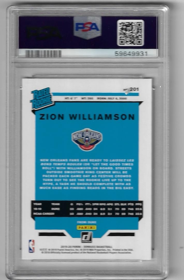 Zion WIlliamson PSA Graded 9 Mint Rated Rookie Collectible Basketball Card - 2019 Panini Donruss Basketball Card #201 (Pelicans)