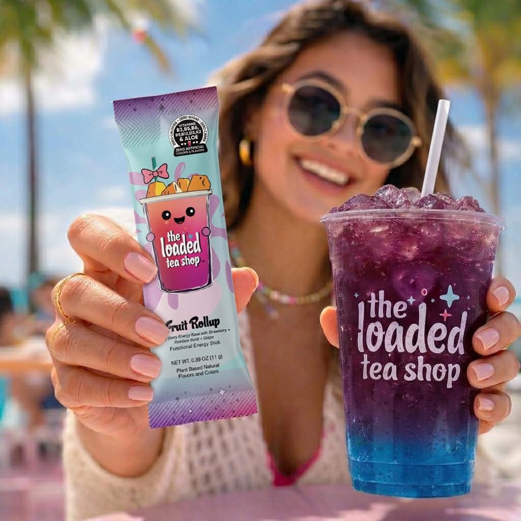 The Loaded Tea Shop Energy Drink Mix Sticks, Variety 10 Pack, Sugar-Free, Zero Calories, 200mg Natural Caffeine, No Artificial Colors/Flavors, Powder Packets w/B Vitamins - Energy Drink Alternative