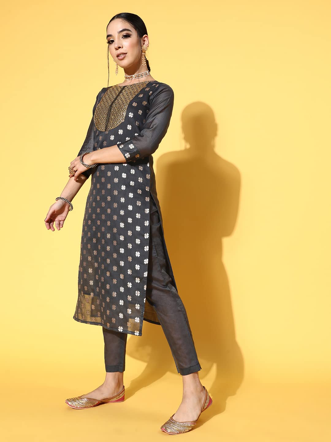 arriva fab Women's Sequin Work Chanderi Print Straight Fit Side Slit Kurta Set (AR7093-S) Grey 1