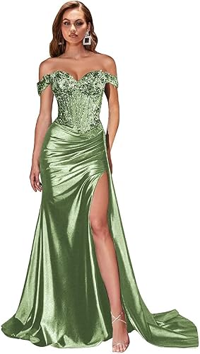 GUKARLEED Women’s Lace Appliques Satin Prom Dresses Off The Shoulder Long Formal Dress Pleated Sequin High Slit Evening Gowns