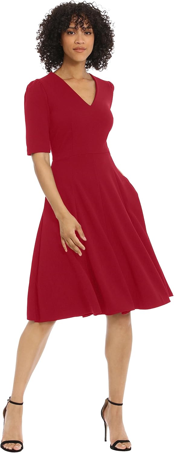 Donna Morgan Womens Stretch Crepe Elbow Sleeve V-Neck Fit and Flare Midi Dress - Image 2