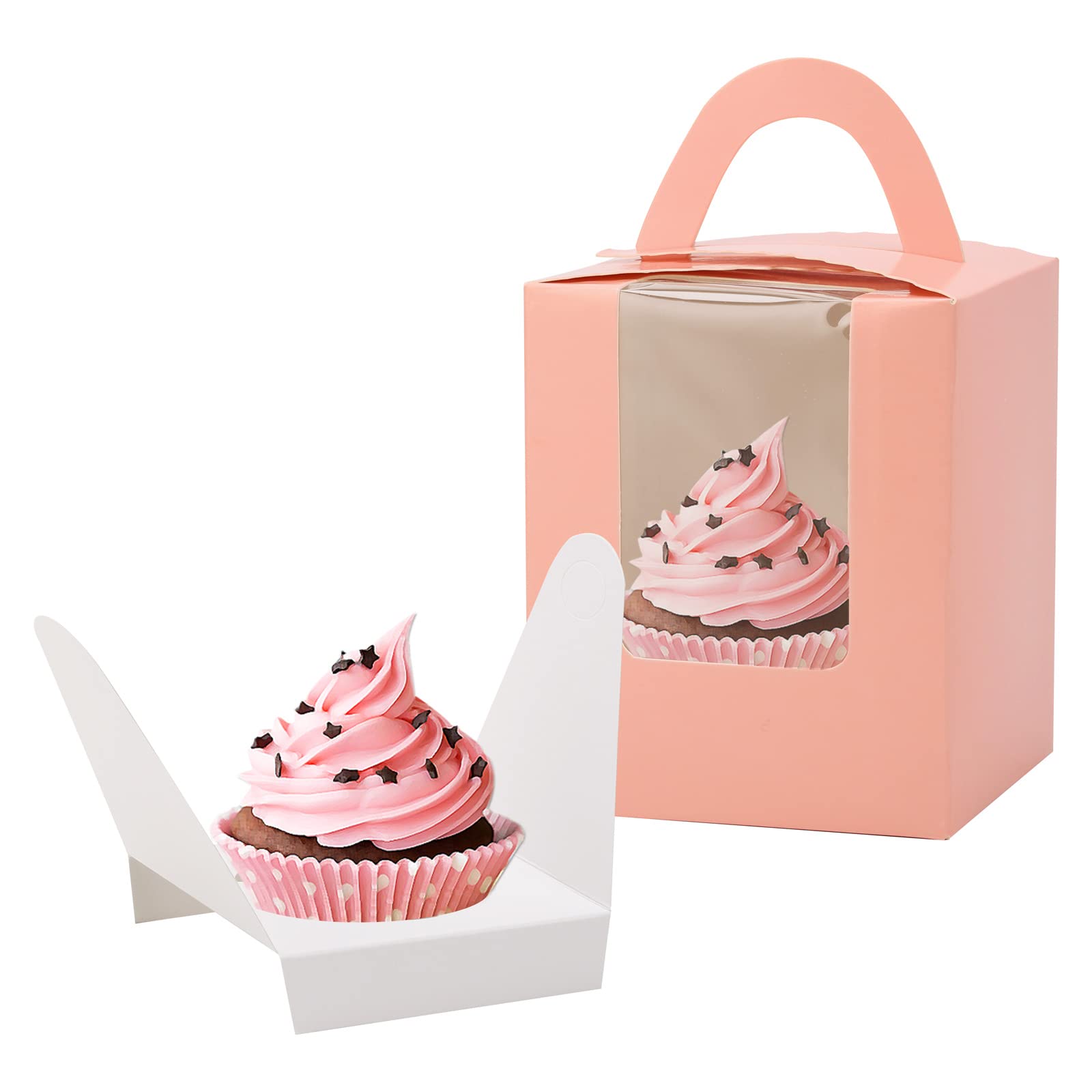 100 cajas de magdalenas rosadas individuales con asa de ventana e insertos para panadería envoltura fiesta regalo embalaje