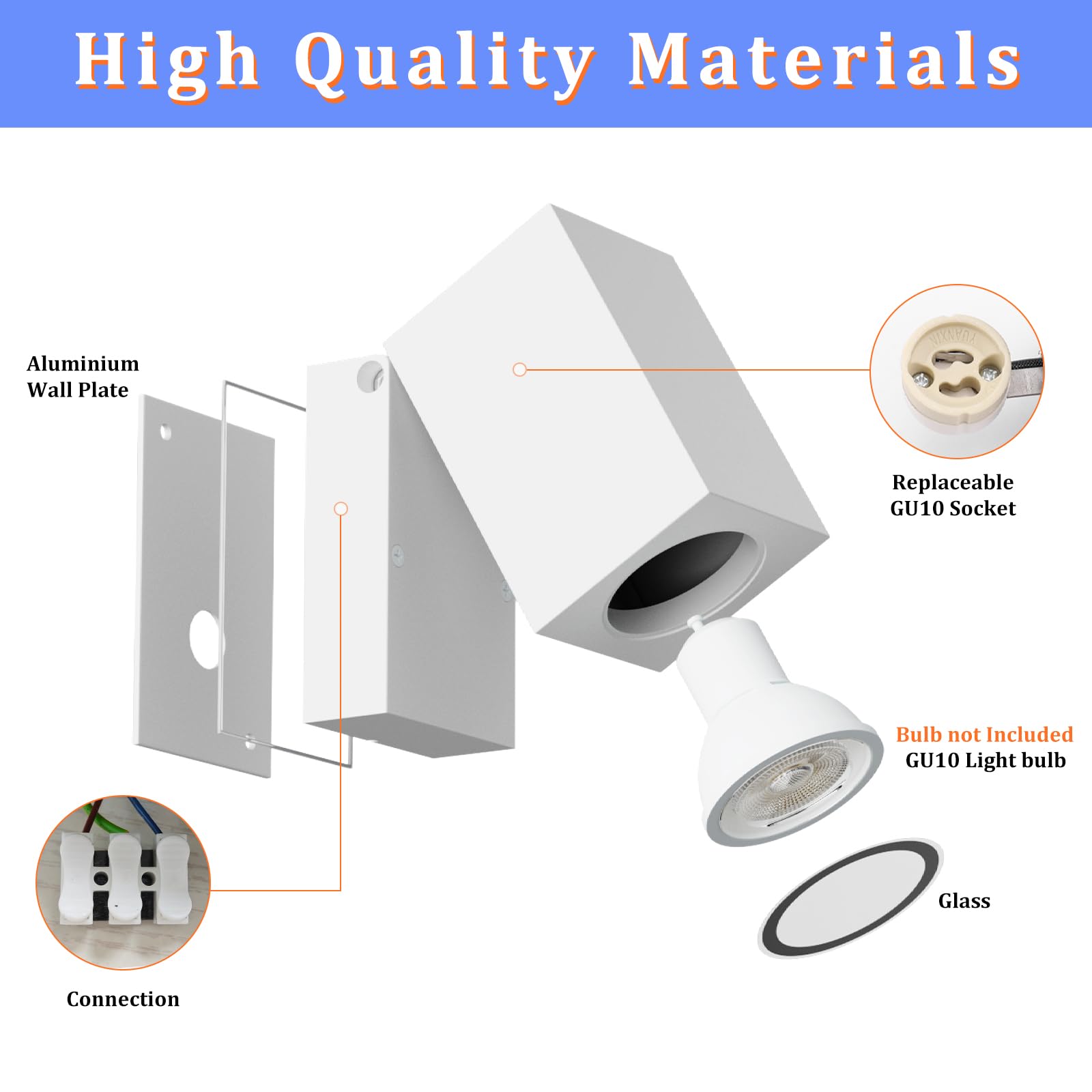 Aipsun 2 PCS Applique da Esterno/Interno,Ip65 Lampada da Parete in alluminio applique Gu10/90 gradi orientabili esterno/interno,impermeabile,Applique senza lampadina，Bianco