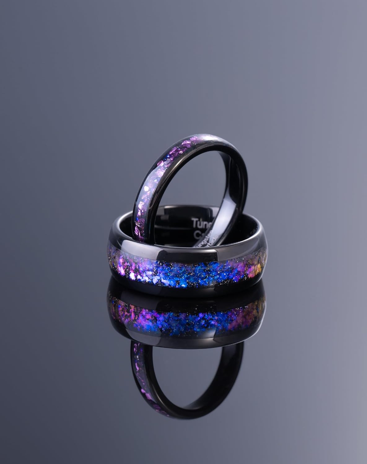 Black Tungsten Ring for Men Women, 8mm 4mm Rhodium Plated Blue Purple Nebula Galaxy Fragments Opal Inlay Promise Engagement Wedding Band Jewelry Gifts - Image 5