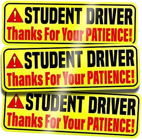 Student Driver Car Magnet Sticker Signs - Essential Magnetic New Driver Sign for Bumper - 3 Pack, 12 by 4" - Remind Others to Please Be Patient - Bright & Reflective Road Safety Sign for Rookies