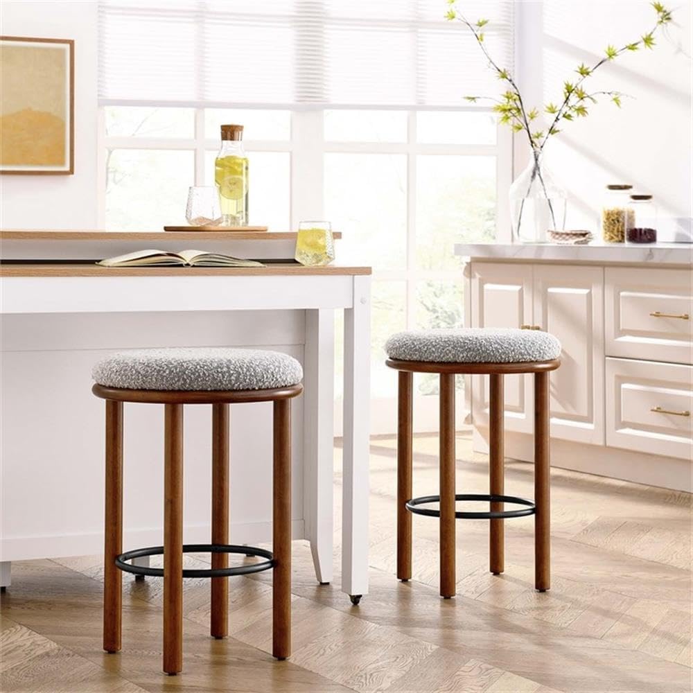 Modway Fable 26 Inch Backless Counter Stools Set of 2 in Walnut Taupe - Kitchen Stools Counter Height - 2Pcs Upholstered Padded Boucle Seat for Kitchen Counter or Island with Wood Legs and Footrest