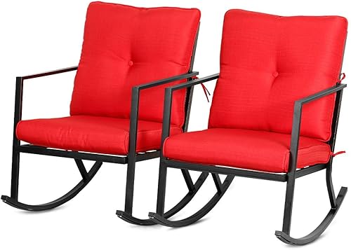 BALI OUTDOORS Silla mecedora para patio, 2 piezas, muebles modernos para exteriores, cojines gruesos rojos, marco de acero negro